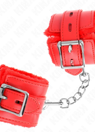 KINK - PELZGEFÜTTERTE HANDGELENKFESSELN MIT QUADRATISCHEN LÖCHERN ROT UND ROTER GÜRTEL VERSTELLBAR 17-29 CM X 6 CM
