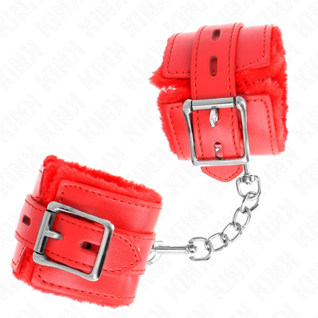 KINK - PELZGEFÜTTERTE HANDGELENKFESSELN MIT QUADRATISCHEN LÖCHERN ROT UND ROTER GÜRTEL VERSTELLBAR 17-29 CM X 6 CM