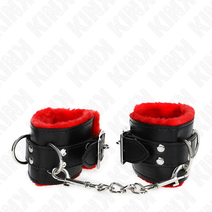 KINK - PELZGEFÜTTERTE HANDGELENKFESSELN MIT QUADRATISCHEN LÖCHERN ROTER UND SCHWARZER GÜRTEL VERSTELLBAR 17-29 CM X 6 CM