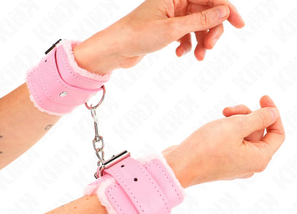 KINK - PELZGEFÜTTERTE HANDGELENKFESSELN ROSA MIT ROSA GÜRTEL VERSTELLBAR 17-29 CM X 6 CM