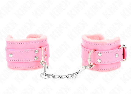 KINK - PELZGEFÜTTERTE HANDGELENKFESSELN ROSA MIT ROSA GÜRTEL VERSTELLBAR 17-29 CM X 6 CM