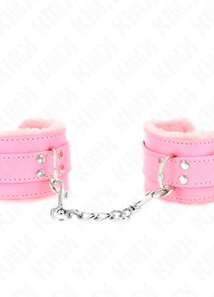 KINK - PELZGEFÜTTERTE HANDGELENKFESSELN ROSA MIT ROSA GÜRTEL VERSTELLBAR 17-29 CM X 6 CM