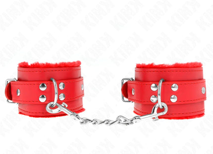 KINK - PELZGEFÜTTERTE HANDGELENKFESSELN ROT MIT ROTEM GÜRTEL VERSTELLBAR 17-29 CM X 6 CM
