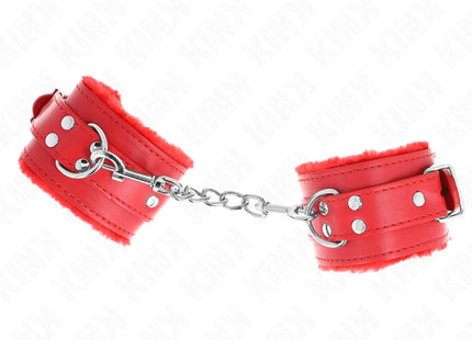 KINK - PELZGEFÜTTERTE HANDGELENKFESSELN ROT MIT ROTEM GÜRTEL VERSTELLBAR 17-29 CM X 6 CM
