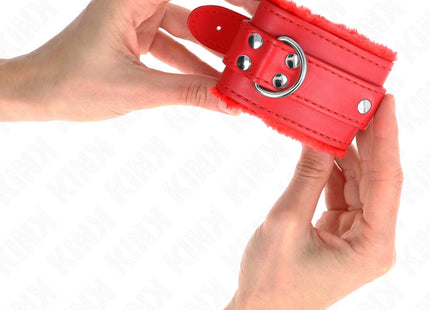 KINK - PELZGEFÜTTERTE HANDGELENKFESSELN ROT MIT ROTEM GÜRTEL VERSTELLBAR 17-29 CM X 6 CM