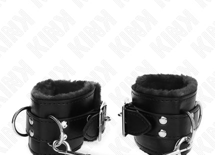 KINK - PELZGEFÜTTERTE HANDGELENKFESSELN SCHWARZ MIT SCHWARZEM GÜRTEL VERSTELLBAR 17-29 CM X 6 CM
