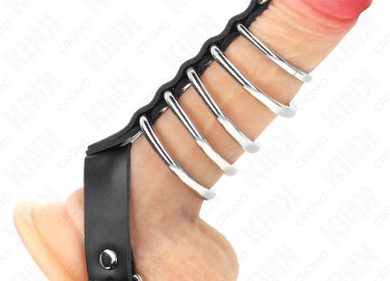 KINK - PENISRING AUS LEDER MIT VERSCHLUSSBAND 21 X 2 CM UND 5 METALLRINGEN VON 3 CM BIS 4 CM