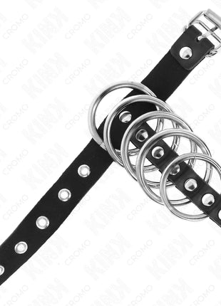 KINK - PENISRING AUS LEDER MIT VERSCHLUSSBAND 21 X 2 CM UND 5 METALLRINGEN VON 3 CM BIS 4 CM