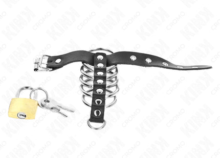 KINK - PENISRING AUS LEDER MIT VERSCHLUSSBAND 21 X 2 CM UND 5 METALLRINGEN VON 3 CM BIS 4 CM