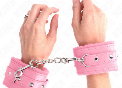 KINK - PREMIUM PELZGEFÜTTERTE HANDGELENKFESSELN ROSA MIT ROSA GÜRTEL VERSTELLBAR 17-29 CM X 6 CM
