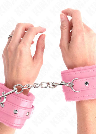 KINK - PREMIUM PELZGEFÜTTERTE HANDGELENKFESSELN ROSA MIT ROSA GÜRTEL VERSTELLBAR 17-29 CM X 6 CM