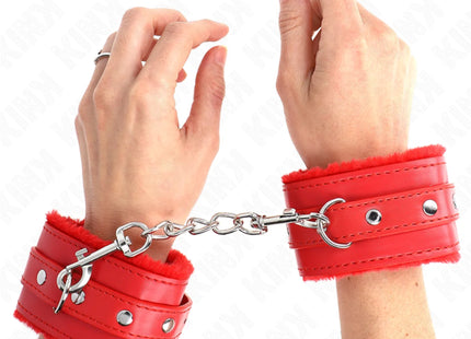 KINK - PREMIUM PELZGEFÜTTERTE HANDGELENKFESSELN ROT MIT ROTEM GÜRTEL VERSTELLBAR 17-29 CM X 6 CM