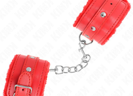 KINK - PREMIUM PELZGEFÜTTERTE HANDGELENKFESSELN ROT MIT ROTEM GÜRTEL VERSTELLBAR 17-29 CM X 6 CM