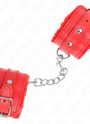 KINK - PREMIUM PELZGEFÜTTERTE HANDGELENKFESSELN ROT MIT ROTEM GÜRTEL VERSTELLBAR 17-29 CM X 6 CM