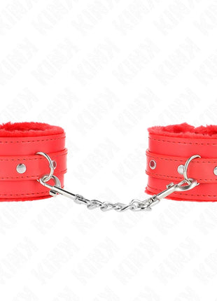KINK - PREMIUM PELZGEFÜTTERTE HANDGELENKFESSELN ROT MIT ROTEM GÜRTEL VERSTELLBAR 17-29 CM X 6 CM