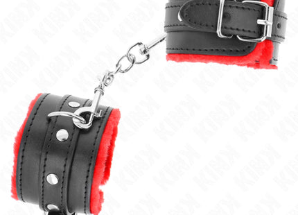 KINK - PREMIUM PELZGEFÜTTERTE HANDGELENKFESSELN ROT MIT SCHWARZEM GÜRTEL VERSTELLBAR 17-29 CM X 6 CM