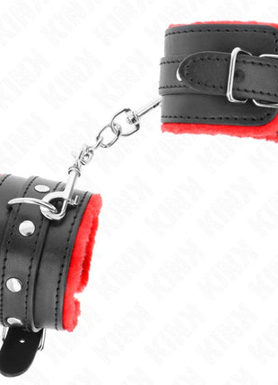KINK - PREMIUM PELZGEFÜTTERTE HANDGELENKFESSELN ROT MIT SCHWARZEM GÜRTEL VERSTELLBAR 17-29 CM X 6 CM