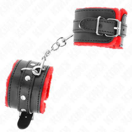 KINK - PREMIUM PELZGEFÜTTERTE HANDGELENKFESSELN ROT MIT SCHWARZEM GÜRTEL VERSTELLBAR 17-29 CM X 6 CM