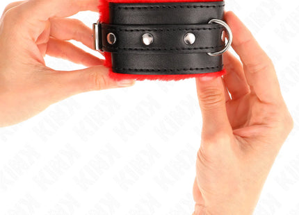 KINK - PREMIUM PELZGEFÜTTERTE HANDGELENKFESSELN ROT MIT SCHWARZEM GÜRTEL VERSTELLBAR 17-29 CM X 6 CM