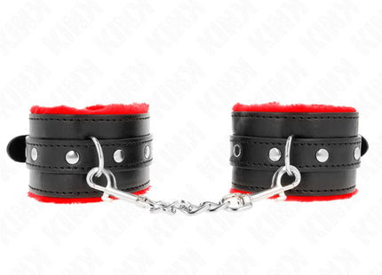 KINK - PREMIUM PELZGEFÜTTERTE HANDGELENKFESSELN ROT MIT SCHWARZEM GÜRTEL VERSTELLBAR 17-29 CM X 6 CM