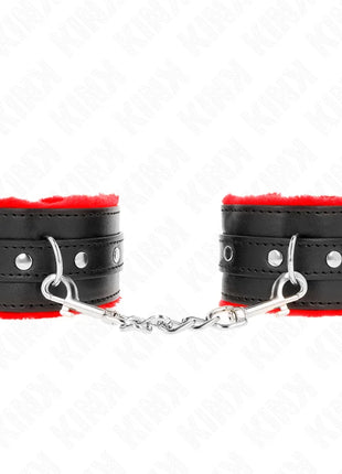 KINK - PREMIUM PELZGEFÜTTERTE HANDGELENKFESSELN ROT MIT SCHWARZEM GÜRTEL VERSTELLBAR 17-29 CM X 6 CM