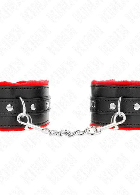 KINK - PREMIUM PELZGEFÜTTERTE HANDGELENKFESSELN ROT MIT SCHWARZEM GÜRTEL VERSTELLBAR 17-29 CM X 6 CM