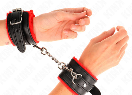 KINK - PREMIUM PELZGEFÜTTERTE HANDGELENKFESSELN ROT MIT SCHWARZEM GÜRTEL VERSTELLBAR 17-29 CM X 6 CM