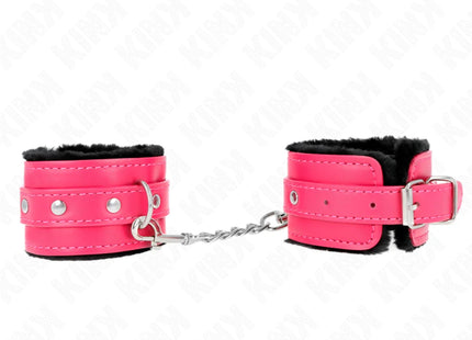 KINK - PREMIUM PELZGEFÜTTERTE HANDGELENKFESSELN SCHWARZ MIT HIMBEERROSEN-GÜRTEL VERSTELLBAR 17-29 CM X 6 CM