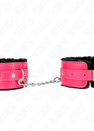 KINK - PREMIUM PELZGEFÜTTERTE HANDGELENKFESSELN SCHWARZ MIT HIMBEERROSEN-GÜRTEL VERSTELLBAR 17-29 CM X 6 CM