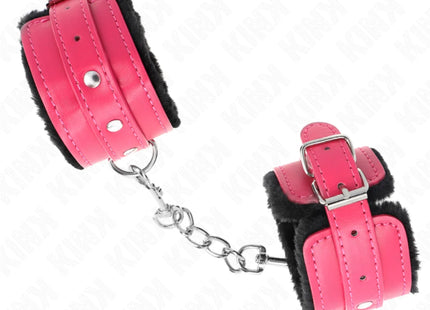 KINK - PREMIUM PELZGEFÜTTERTE HANDGELENKFESSELN SCHWARZ MIT HIMBEERROSEN-GÜRTEL VERSTELLBAR 17-29 CM X 6 CM