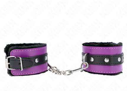 KINK - PREMIUM PELZGEFÜTTERTE HANDGELENKFESSELN SCHWARZ MIT LILA / SCHWARZER GÜRTEL VERSTELLBAR 17-29 CM X 6 CM