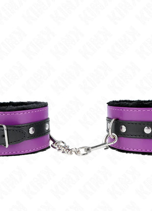 KINK - PREMIUM PELZGEFÜTTERTE HANDGELENKFESSELN SCHWARZ MIT LILA / SCHWARZER GÜRTEL VERSTELLBAR 17-29 CM X 6 CM