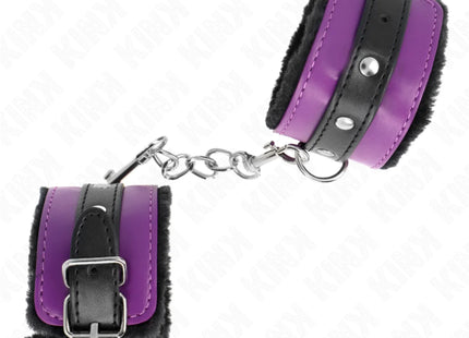 KINK - PREMIUM PELZGEFÜTTERTE HANDGELENKFESSELN SCHWARZ MIT LILA / SCHWARZER GÜRTEL VERSTELLBAR 17-29 CM X 6 CM
