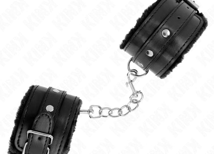 KINK - PREMIUM PELZGEFÜTTERTE HANDGELENKFESSELN SCHWARZ MIT SCHWARZEM GÜRTEL VERSTELLBAR 17-29 CM X 6 CM