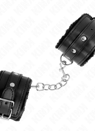 KINK - PREMIUM PELZGEFÜTTERTE HANDGELENKFESSELN SCHWARZ MIT SCHWARZEM GÜRTEL VERSTELLBAR 17-29 CM X 6 CM