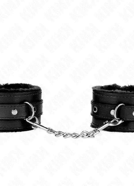 KINK - PREMIUM PELZGEFÜTTERTE HANDGELENKFESSELN SCHWARZ MIT SCHWARZEM GÜRTEL VERSTELLBAR 17-29 CM X 6 CM