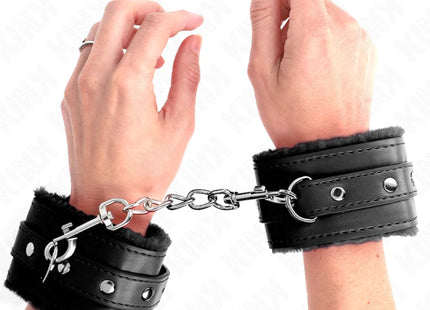 KINK - PREMIUM PELZGEFÜTTERTE HANDGELENKFESSELN SCHWARZ MIT SCHWARZEM GÜRTEL VERSTELLBAR 17-29 CM X 6 CM
