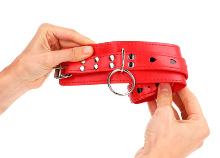 KINK - ROTE HANDGELENKSFESSELN MIT SCHWARZER HERZEINLAGE VERSTELLBAR 21-28 CM X 5,5 CM