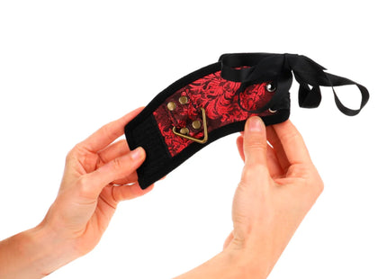 KINK - SCANDAL HANDGELENKSFESSELN ROT-SCHWARZE SPITZENDETAILS 24,5 CM X 6,5 CM
