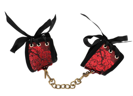 KINK - SCANDAL HANDGELENKSFESSELN ROT-SCHWARZE SPITZENDETAILS 24,5 CM X 6,5 CM