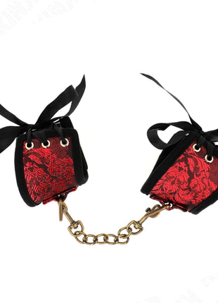 KINK - SCANDAL HANDGELENKSFESSELN ROT-SCHWARZE SPITZENDETAILS 24,5 CM X 6,5 CM