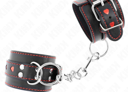 KINK - SCHWARZE HANDGELENKFESSELN MIT ROTER HERZEINLAGE VERSTELLBAR 21-28 CM X 5,5 CM