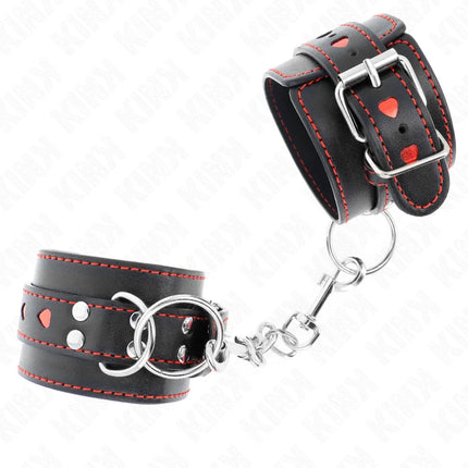 KINK - SCHWARZE HANDGELENKFESSELN MIT ROTER HERZEINLAGE VERSTELLBAR 21-28 CM X 5,5 CM