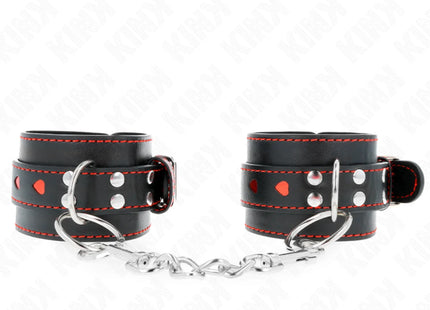 KINK - SCHWARZE HANDGELENKFESSELN MIT ROTER HERZEINLAGE VERSTELLBAR 21-28 CM X 5,5 CM