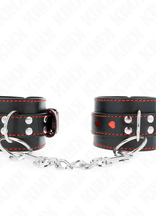 KINK - SCHWARZE HANDGELENKFESSELN MIT ROTER HERZEINLAGE VERSTELLBAR 21-28 CM X 5,5 CM