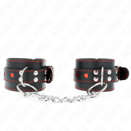 KINK - SCHWARZE HANDGELENKFESSELN MIT ROTER HERZEINLAGE VERSTELLBAR 21-28 CM X 5,5 CM