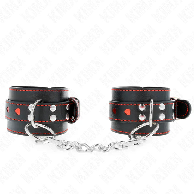 KINK - SCHWARZE HANDGELENKFESSELN MIT ROTER HERZEINLAGE VERSTELLBAR 21-28 CM X 5,5 CM