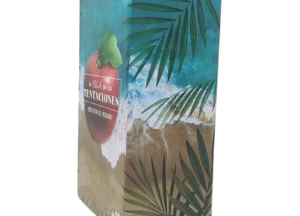 Rechteckige kartonbox des offiziellen la isla de las tentaciones kartenspiels mit tropischem stranddesign