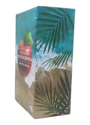 Rechteckige kartonbox des offiziellen la isla de las tentaciones kartenspiels mit tropischem stranddesign
