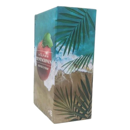 Rechteckige kartonbox des offiziellen la isla de las tentaciones kartenspiels mit tropischem stranddesign